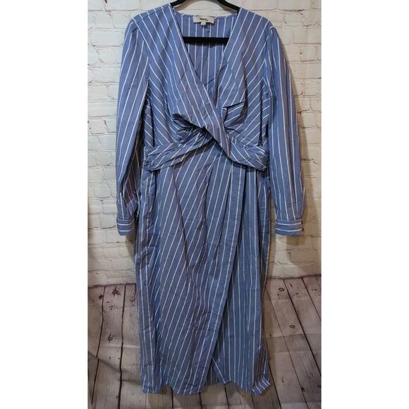 LOFT Shirt Dress Sz 16 Blue White Striped Long Sleeve Wrap Midi V-Neck - Picture 1 of 15